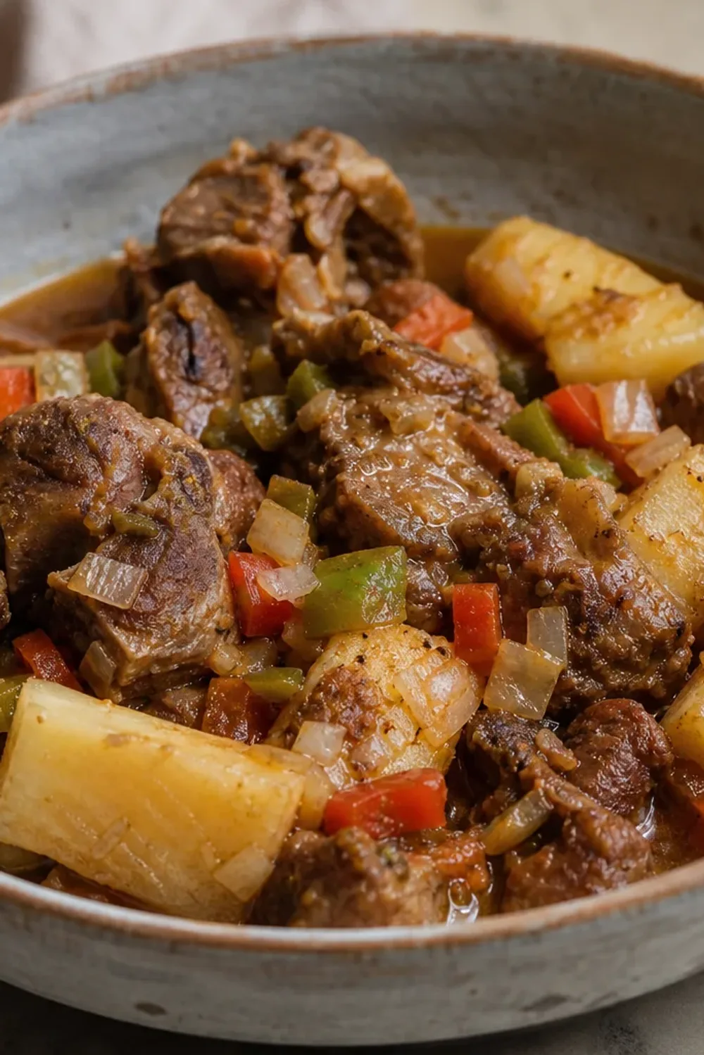 A hearty bowl of goat stew with tender yuca, herbs, and spices, garnished and steaming.