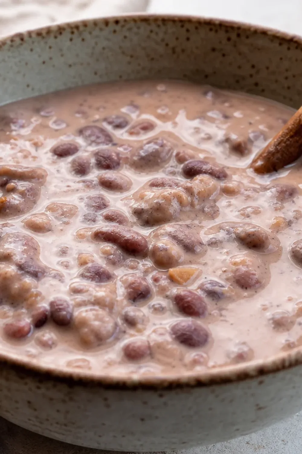 Creamy sweet bean dessert topped with cinnamon and coconut, served in a bowl.