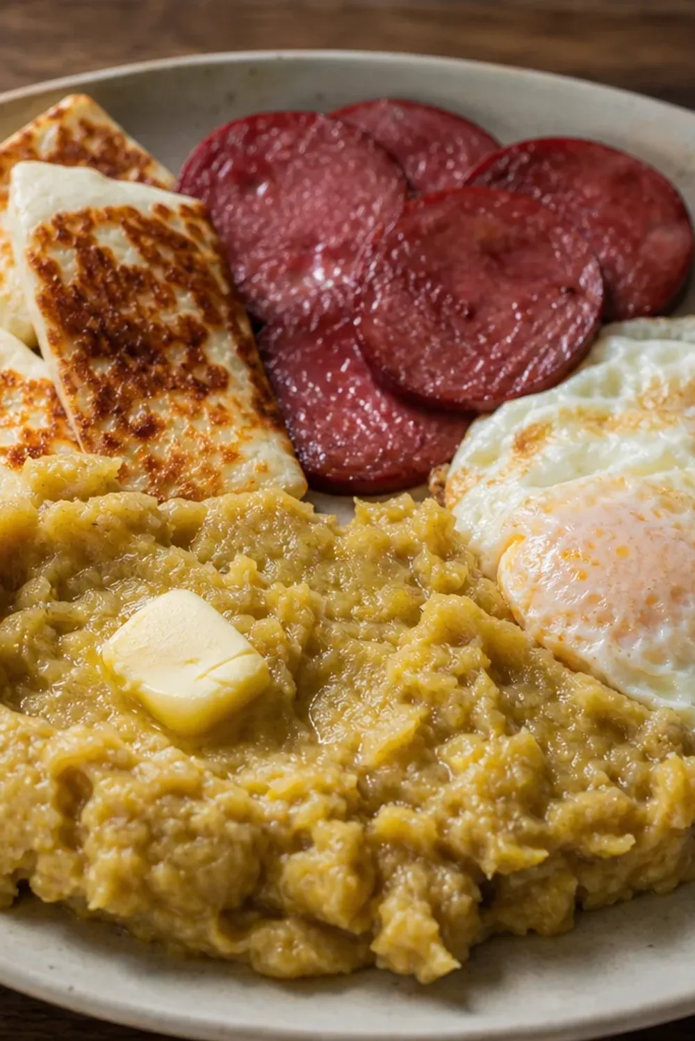 Plate of mangú topped with fried cheese and salami, served with sunny-side-up eggs.