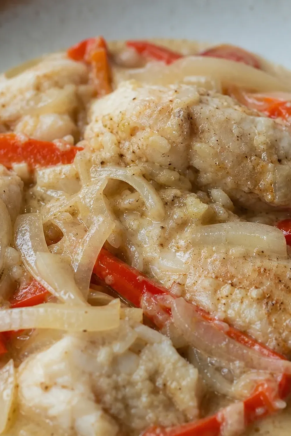 Plated Dominican Pescado con Coco with tender fish in creamy coconut sauce and colorful peppers.