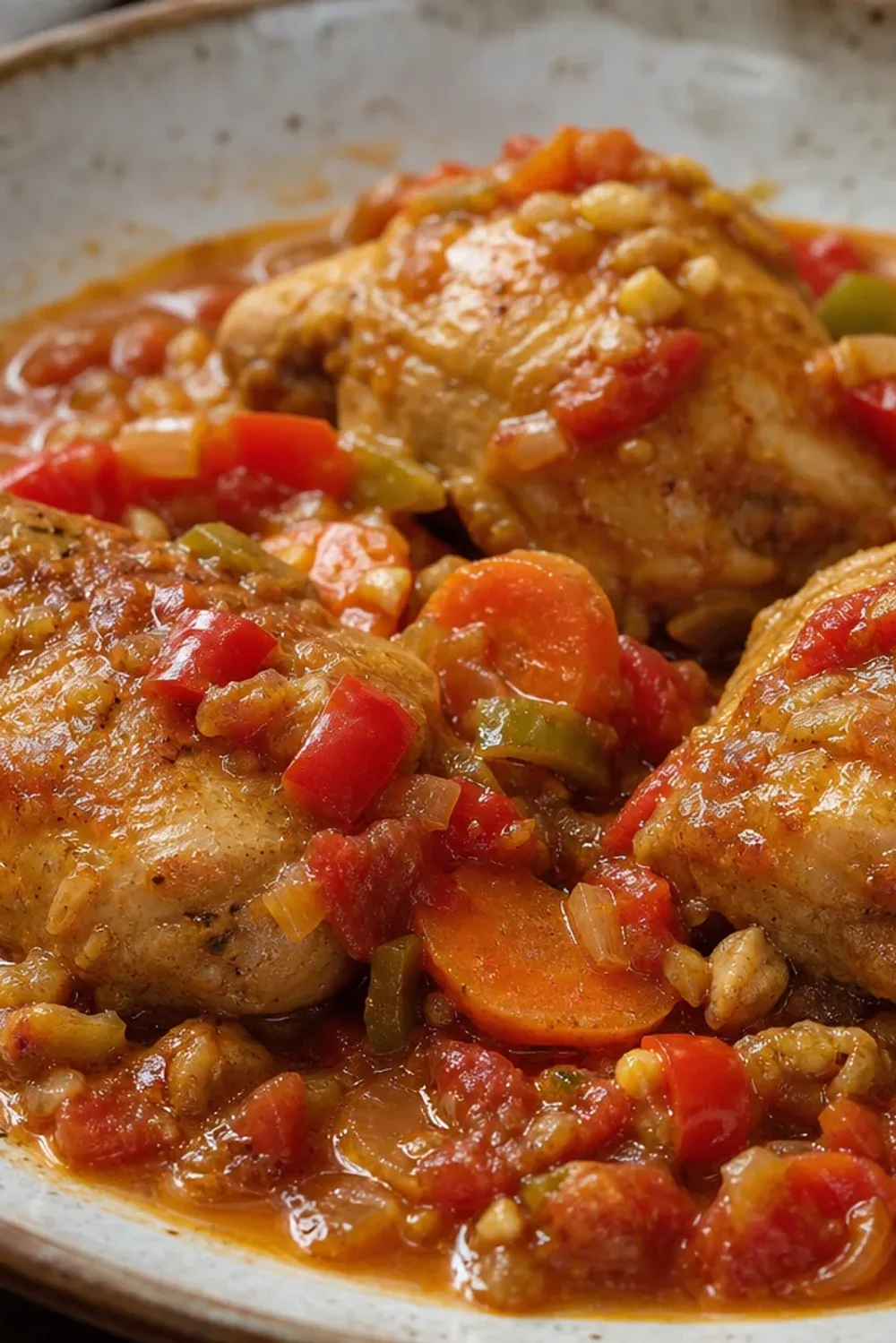 Plated Dominican Pollo Guisado with vibrant tomatoes, spices, and tender chicken pieces garnished with herbs.