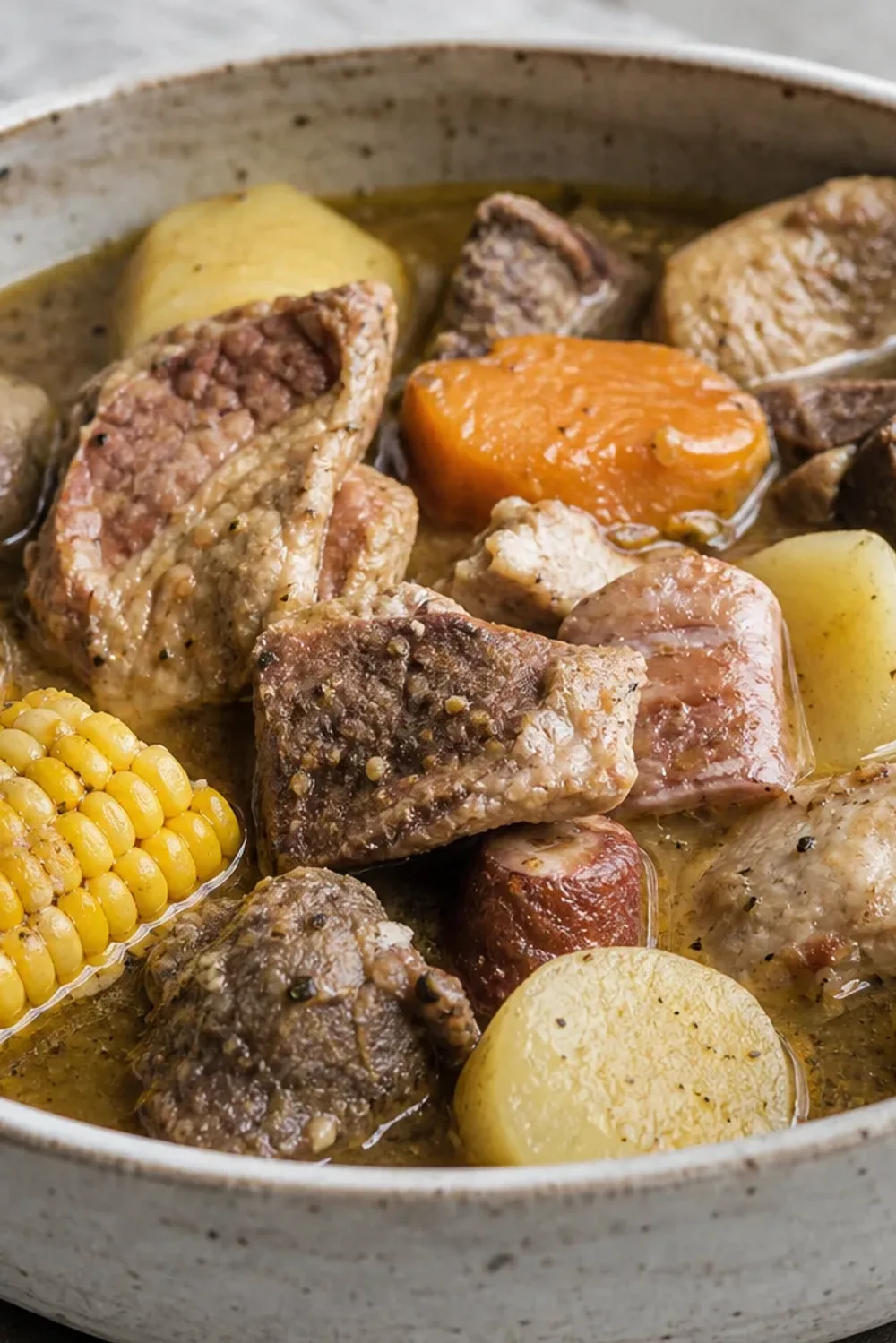 A bowl of Dominican Sancocho, showcasing tender meats, root vegetables, and a rich broth, garnished with fresh herbs.