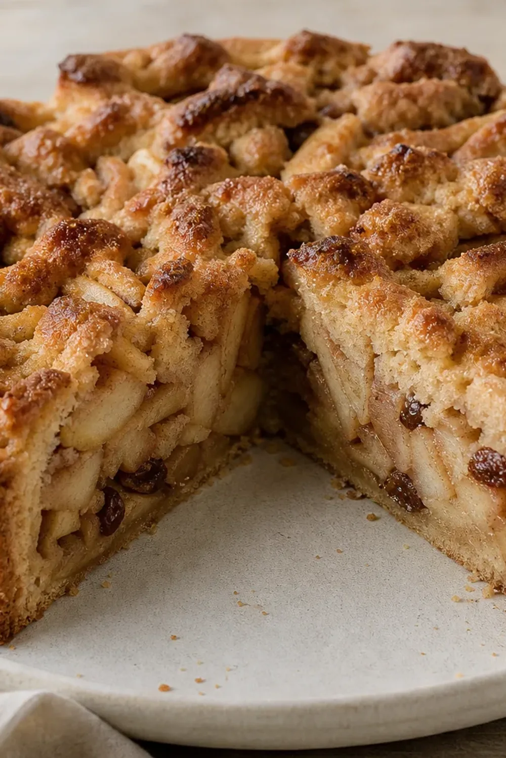 Sliced Dutch appeltaart showcasing a golden crust, cinnamon apples, and plump raisins on a rustic plate.