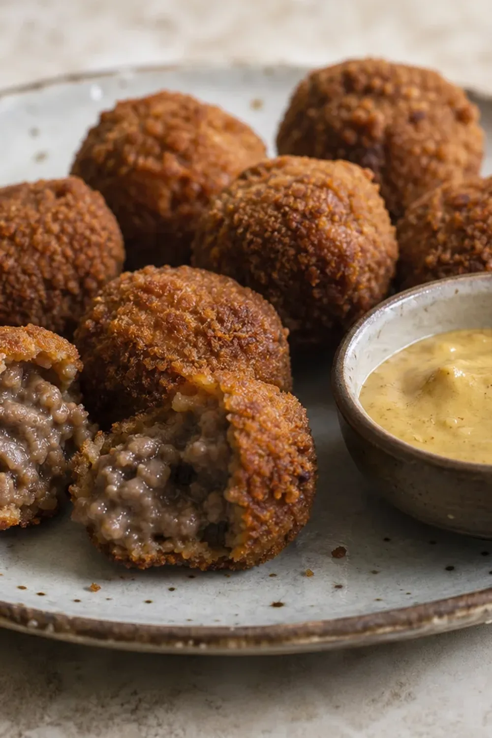 Golden-brown crispy bitterballen served with mustard and parsley garnish.