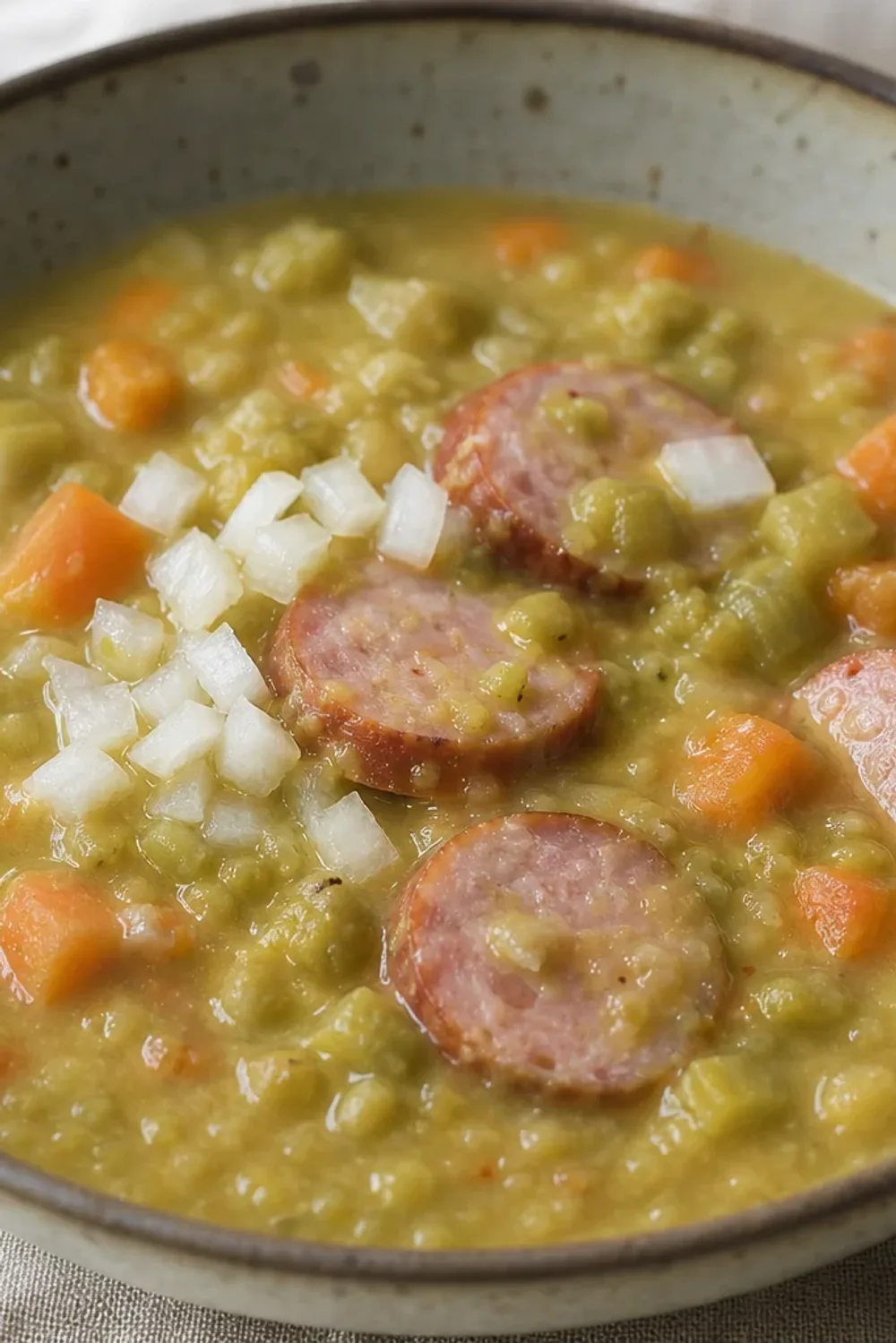 Thick and creamy Dutch split pea soup with slices of smoked sausage, garnished with parsley.