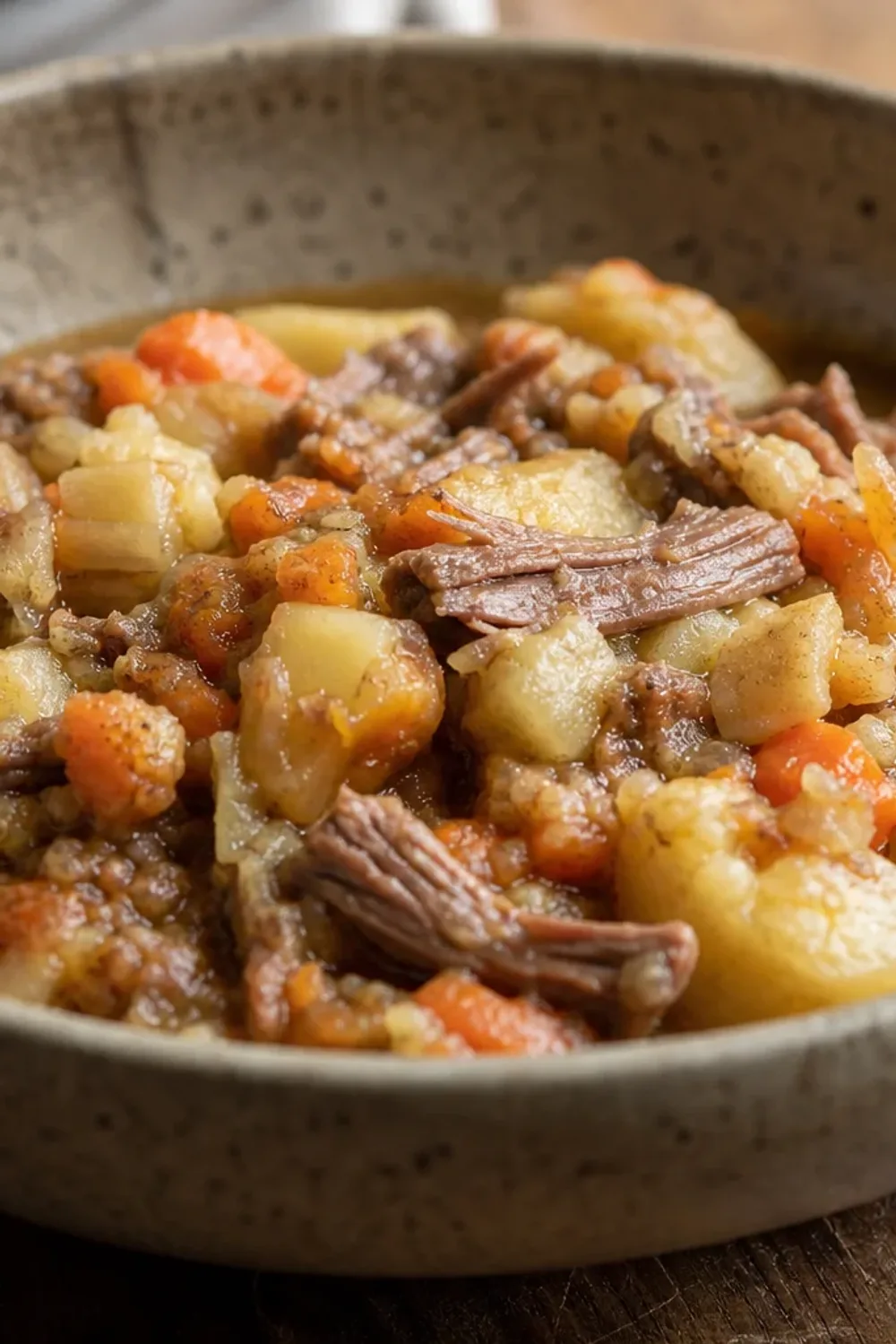 Creamy mashed potatoes and carrots topped with tender braised beef, garnished with parsley.