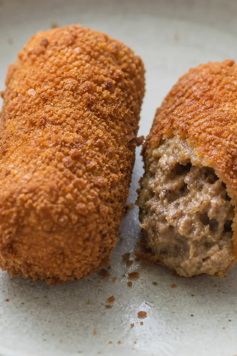Crispy golden-brown kroketten filled with beef ragout, garnished and plated attractively.