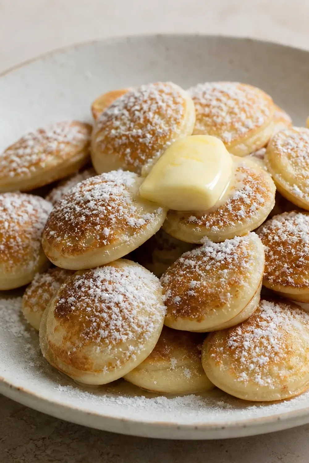 Fluffy Dutch poffertjes topped with melted butter and dusted with powdered sugar on a plate.