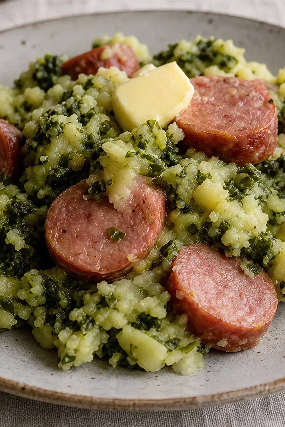 Creamy mashed potatoes with vibrant green kale and sliced smoked sausage, served in a rustic bowl.