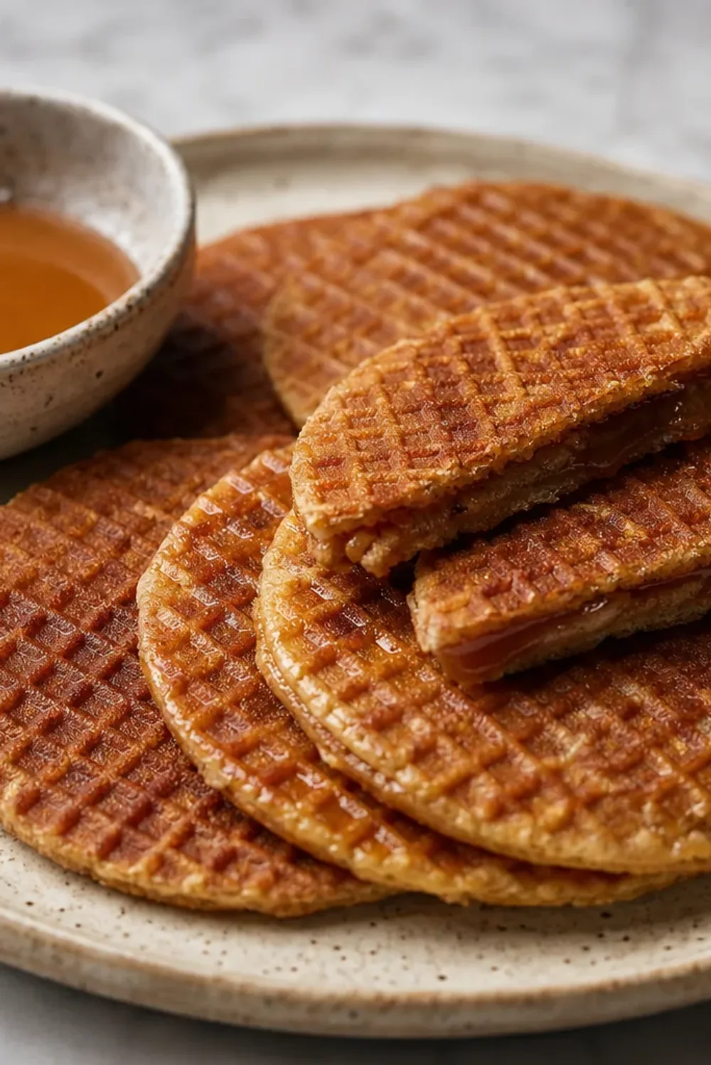 Golden-brown stroopwafels filled with caramel syrup, presented on a rustic plate.