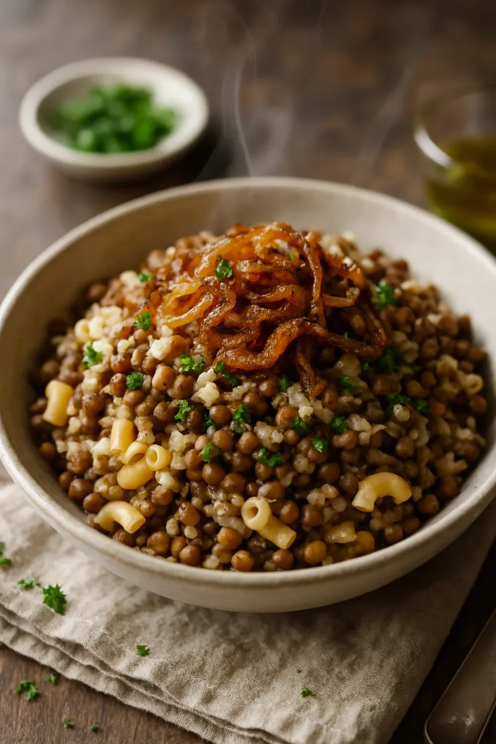 Easy Egyptian Koshari with Lentils and Rice Cooking Method — vegan recipe, beautifully plated and ready to serve