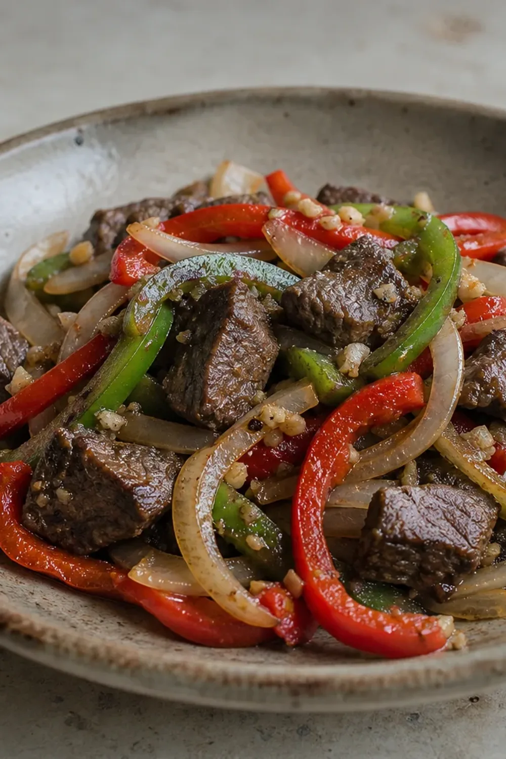 Sizzling Ethiopian beef tibs garnished with fresh rosemary, colorful peppers, and onions served on a rustic plate.