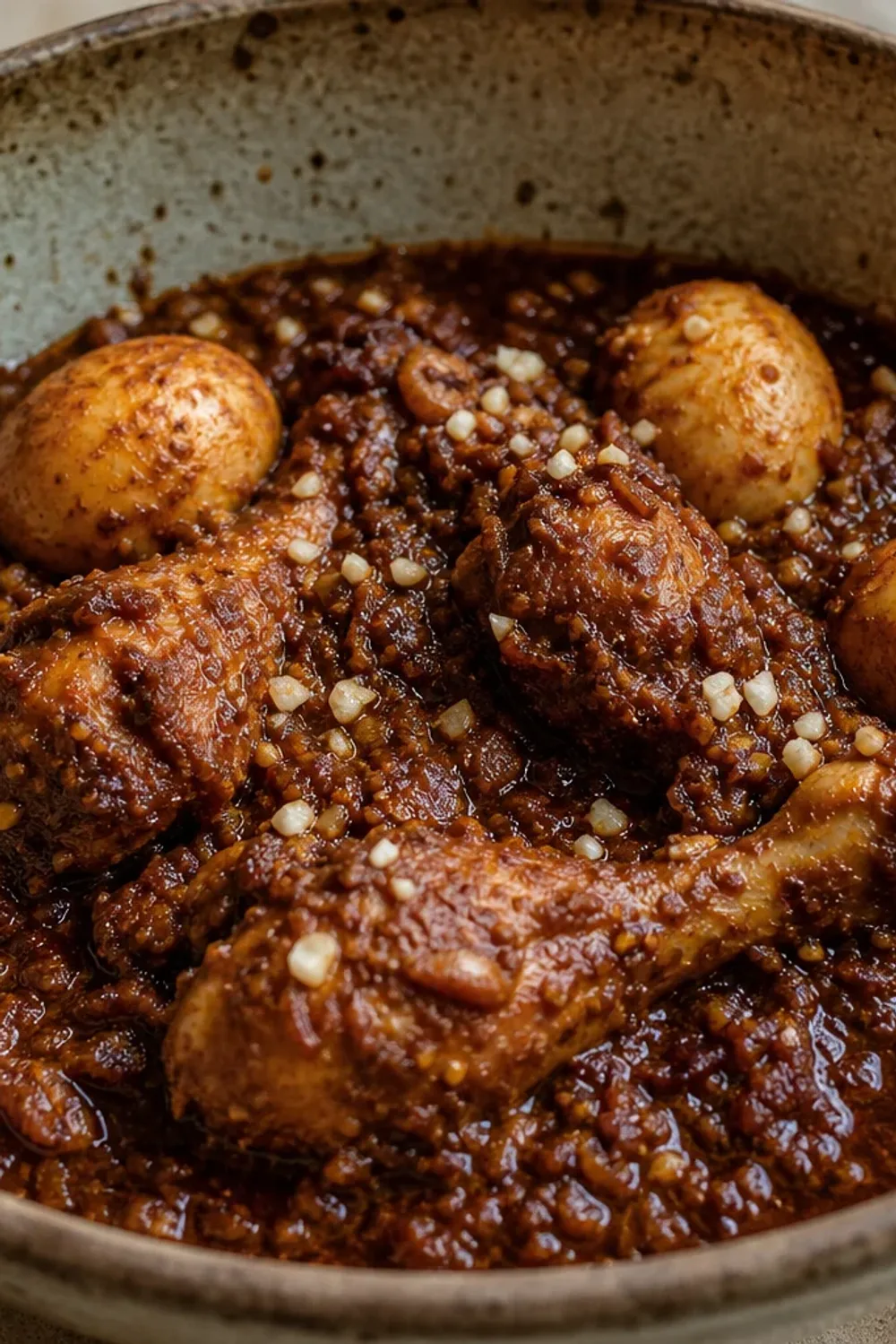Rich and spicy Ethiopian chicken stew with berbere, served with boiled eggs and injera.