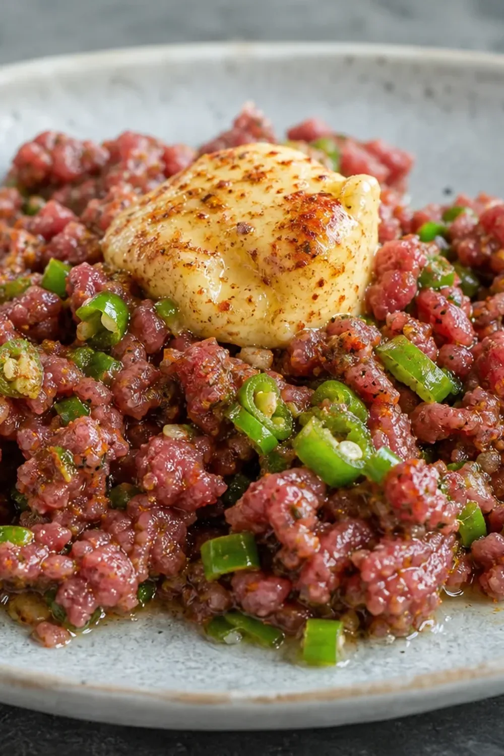 A vibrant plate of kitfo garnished with spiced butter, served with injera and colorful sides.