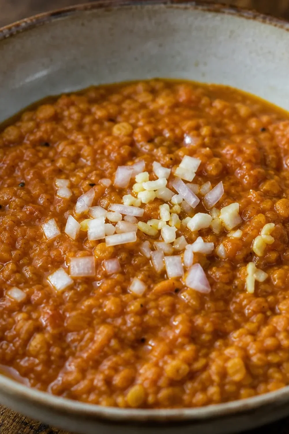 Steamy red lentil stew with a rich texture, garnished with herbs and served in a bowl.