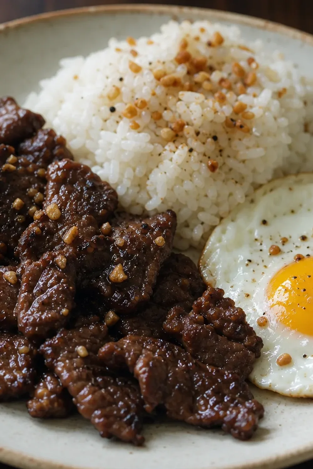 Plated Filipino beef tapa with garlic rice and a sunny-side-up fried egg, garnished with green onions.
