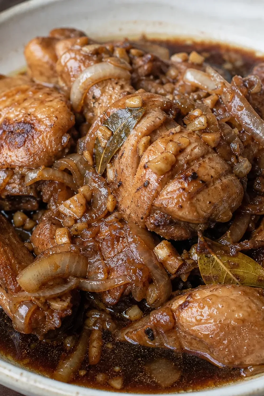 Tender chicken pieces coated in a rich soy-vinegar sauce, garnished with garlic and herbs.