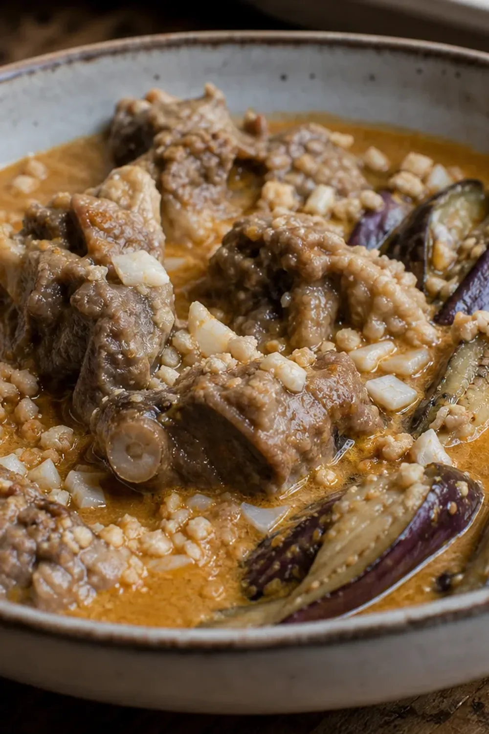 A hearty bowl of Kare-Kare featuring oxtail, vibrant vegetables, and a creamy peanut sauce, garnished with bagoong in a rustic setting.