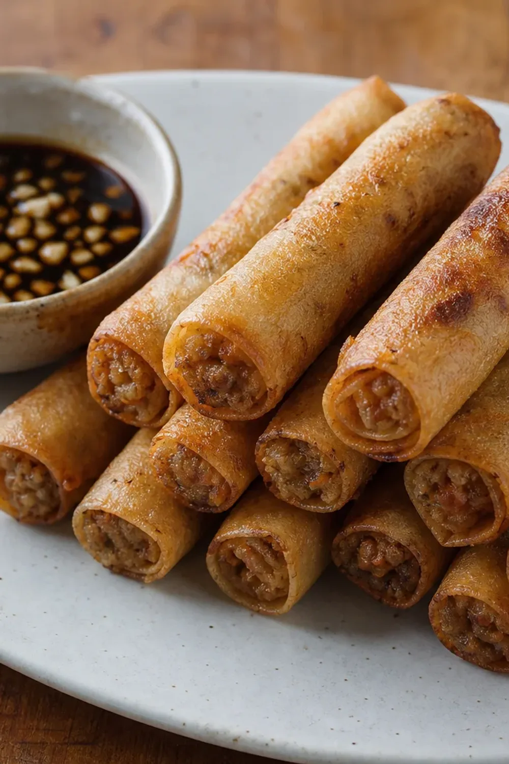 Crispy lumpiang shanghai spring rolls plated with a side of dipping sauce.