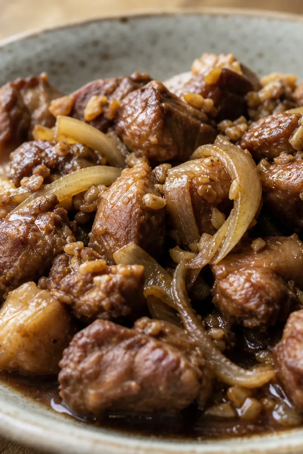 Tender pork adobo served with bay leaves and black pepper, garnished for presentation.