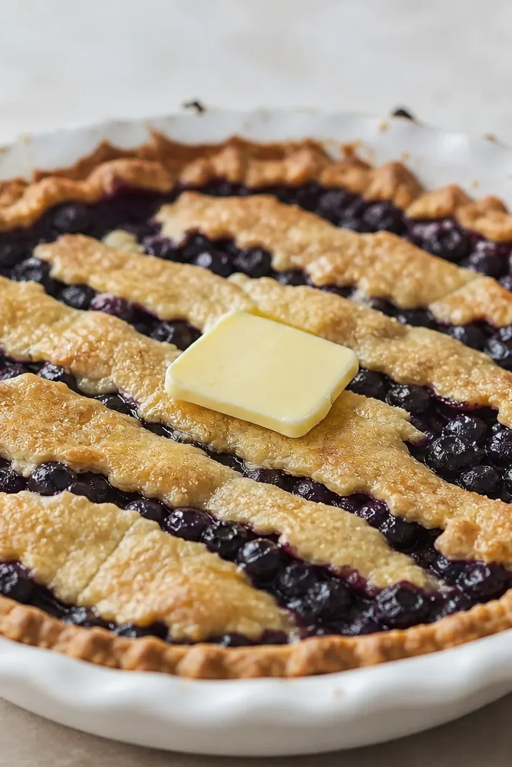 Slice of blueberry pie with golden crust, topped with vanilla sauce and fresh blueberries.