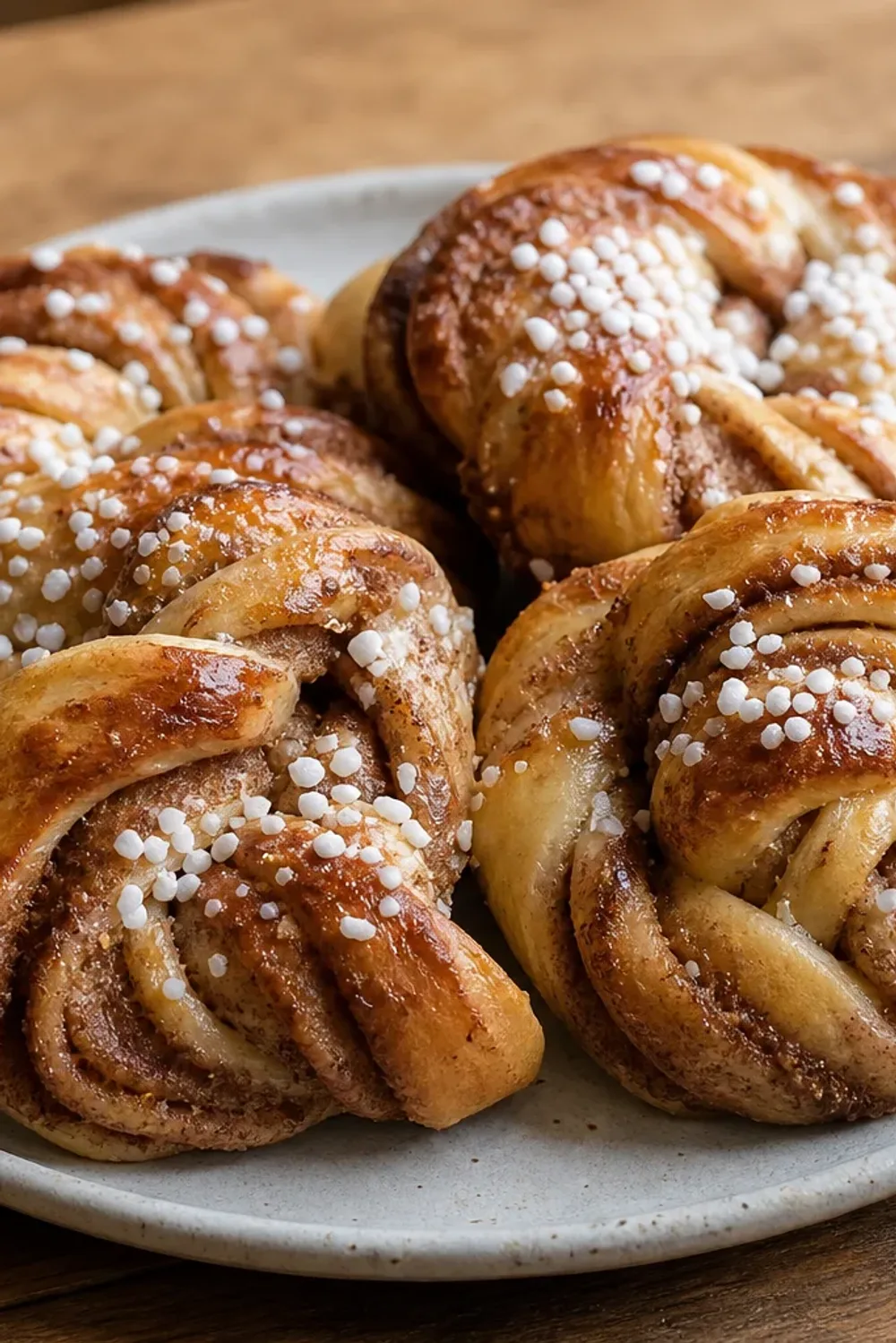 Golden-brown cinnamon buns topped with pearl sugar, garnished with cardamom.