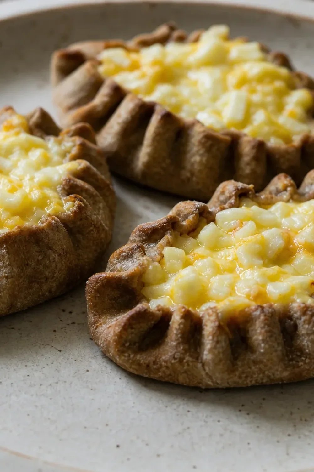 Golden-brown Karelian pies filled with creamy egg butter, served on a rustic plate.