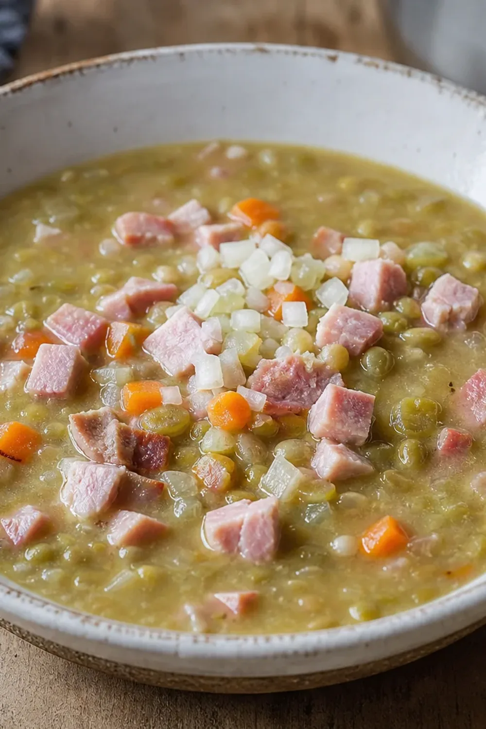 Creamy green pea soup topped with diced ham and a dollop of mustard, garnished with fresh parsley.