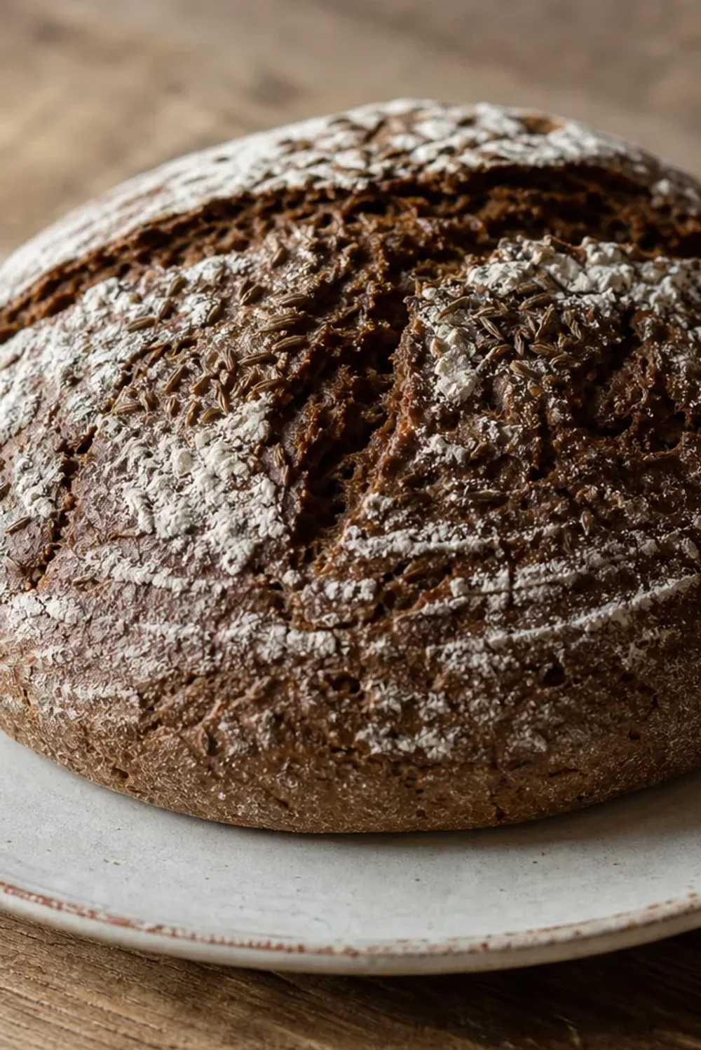 Rustic Finnish rye bread with a crusty exterior and scattered seeds, sliced and served on a wooden board.