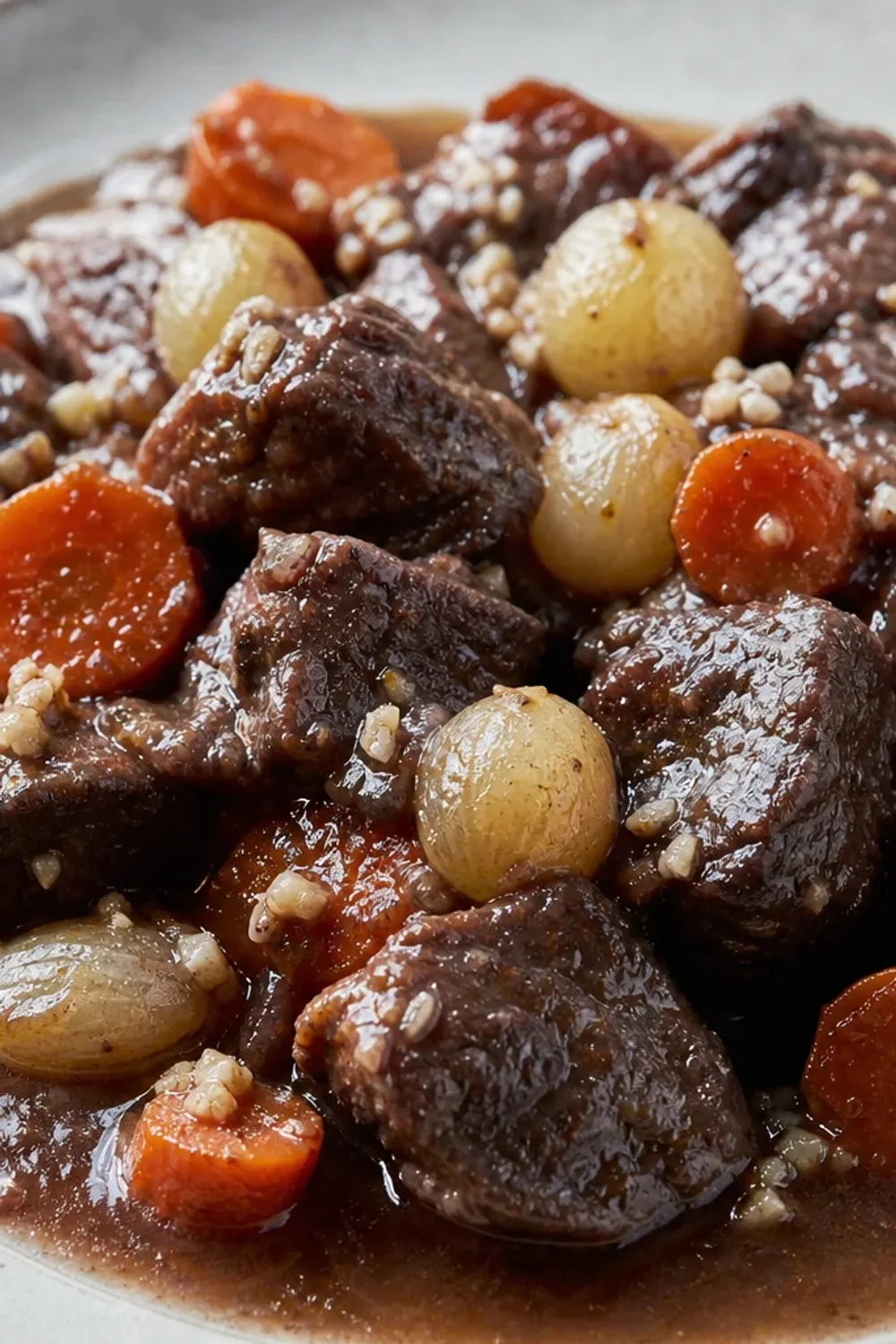 Tender beef bourguignon served with vibrant carrots and pearl onions in a rich sauce.