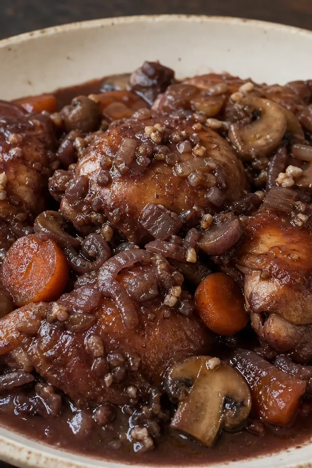 A rustic bowl of Coq au Vin featuring tender chicken, mushrooms, and garnished with fresh herbs.