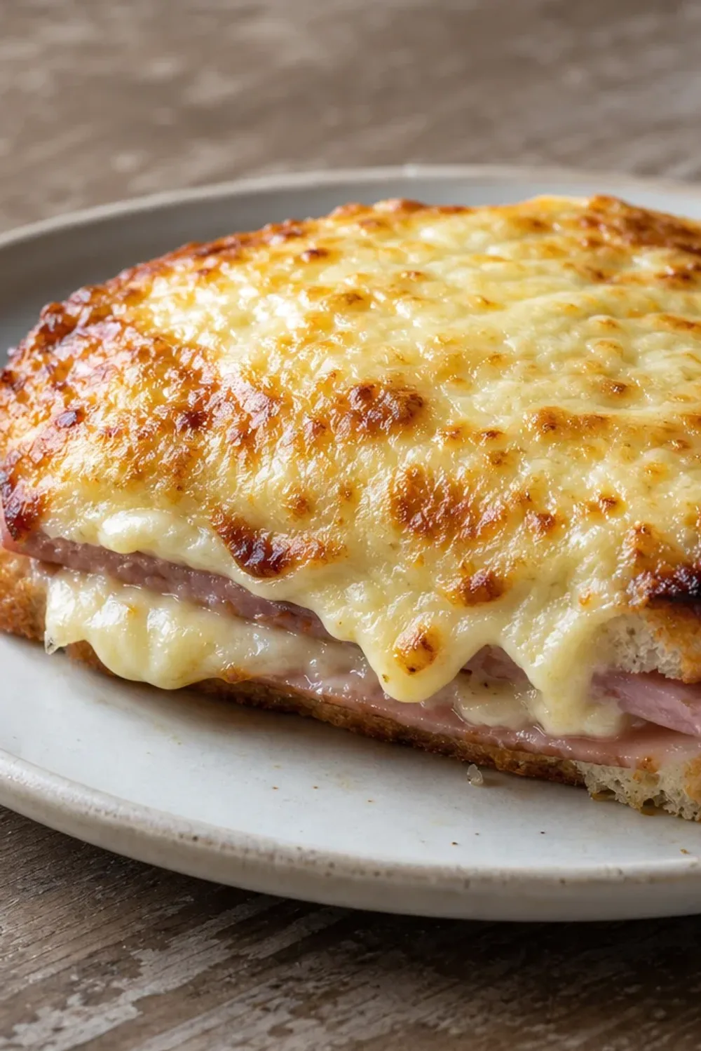 Golden-brown Croque Monsieur sandwich with melted cheese, ham, and béchamel sauce, garnished with herbs.
