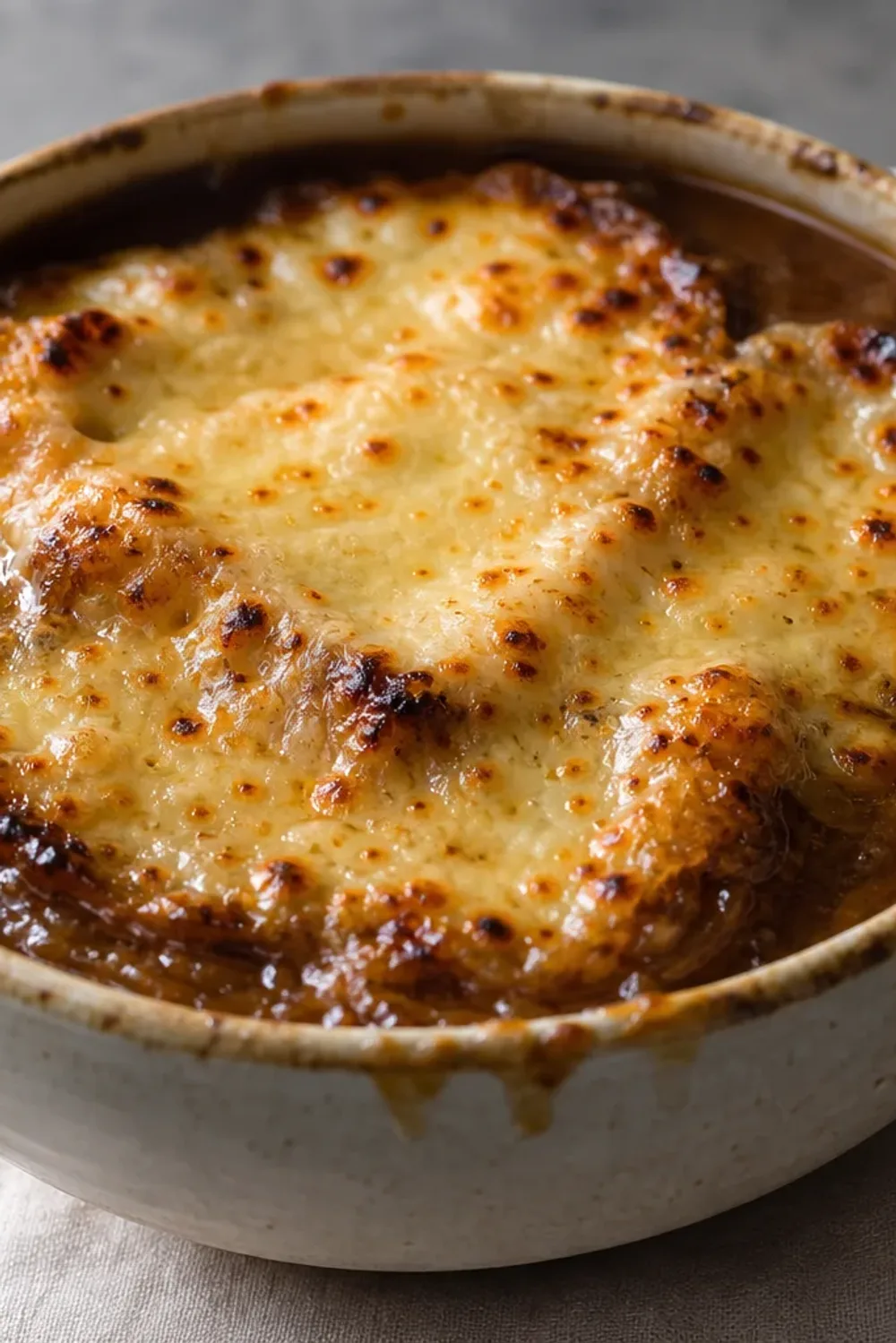 Warm bowl of French onion soup topped with melted Gruyère cheese and fresh herbs, garnished with toasted bread.
