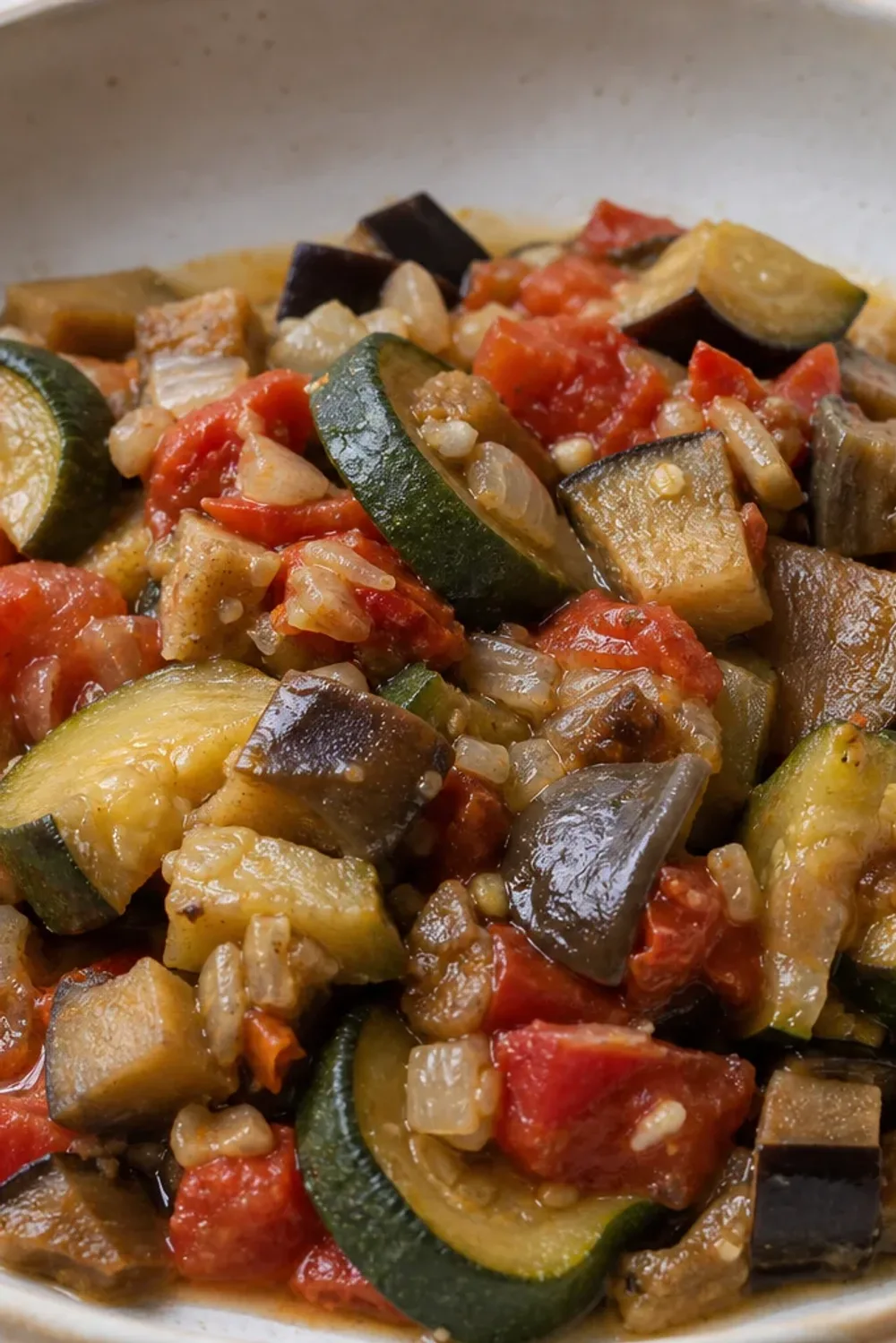 Colorful ratatouille featuring layered zucchini, eggplant, and tomatoes with a glossy finish and fresh herbs.