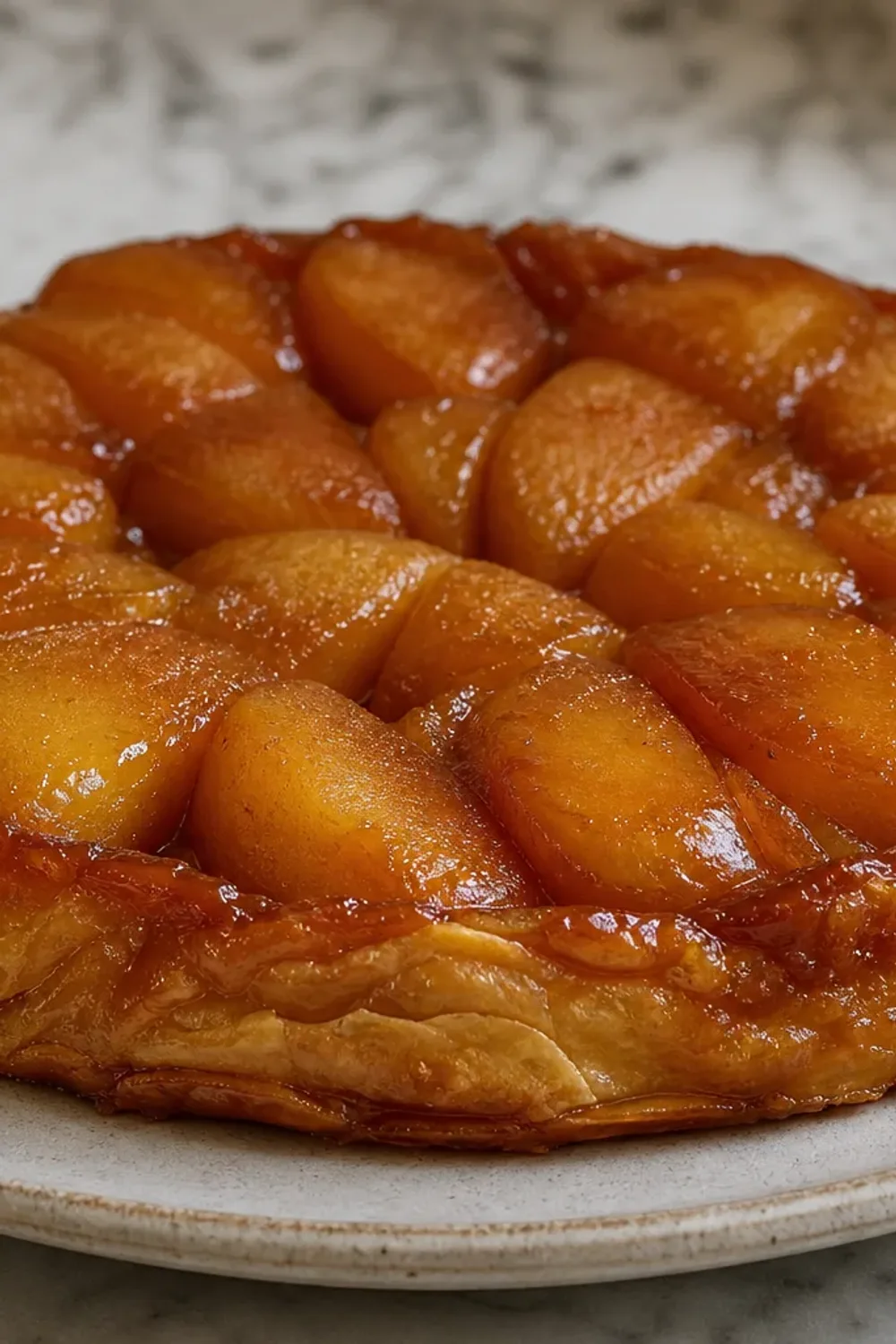Upside-down tart with golden caramelized apples and flaky pastry crust, elegantly plated.