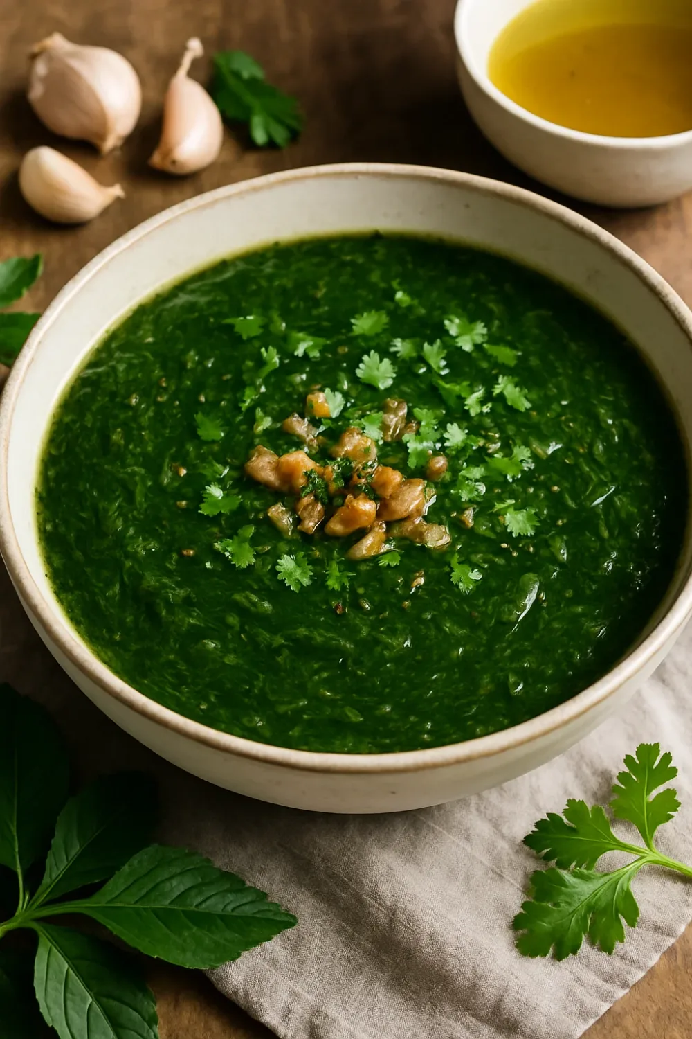 Garlicky Molokhia with Garlic and Coriander Cooking Method — dinner recipe, beautifully plated and ready to serve