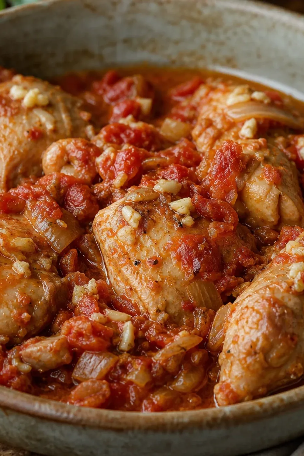 Hearty Georgian Chakhokhbili with tender chicken, vibrant tomatoes, and fresh herbs served in a rustic bowl.