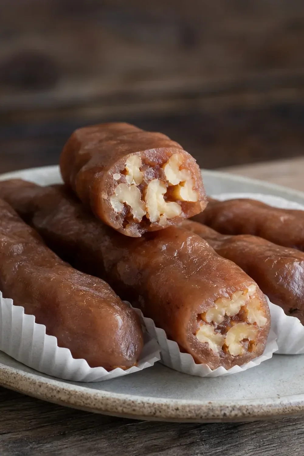 Colorful churchkhela with a glossy grape must coating and walnuts visible inside