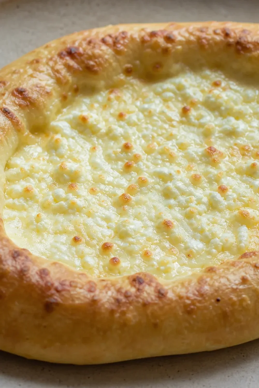 Golden brown cheese-filled bread with a crispy crust, garnished with herbs.