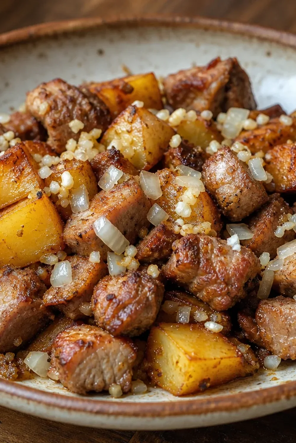 Golden-brown pan-fried potatoes next to seasoned pork, garnished with herbs.