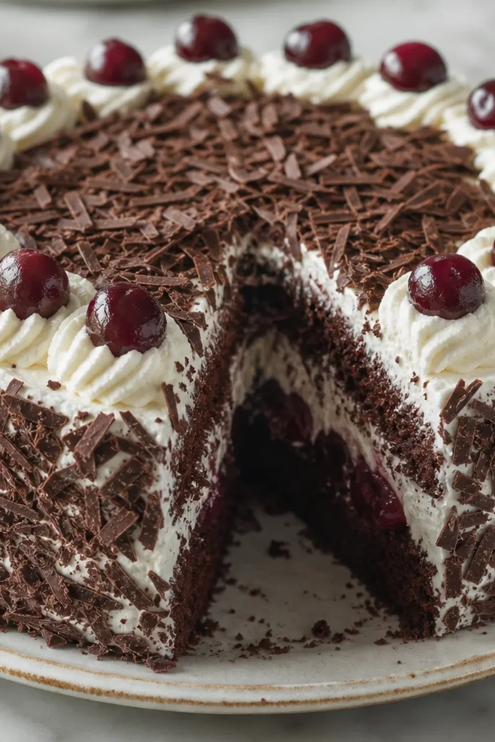 Layered chocolate cake with cherries and whipped cream, decorated with chocolate shavings.
