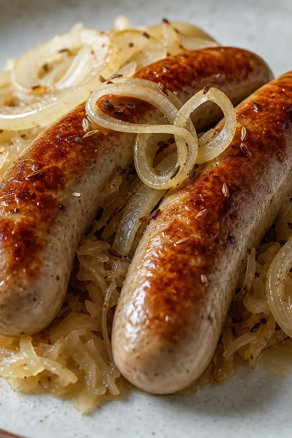 Grilled bratwurst on a plate with sauerkraut, mustard, and fresh herbs