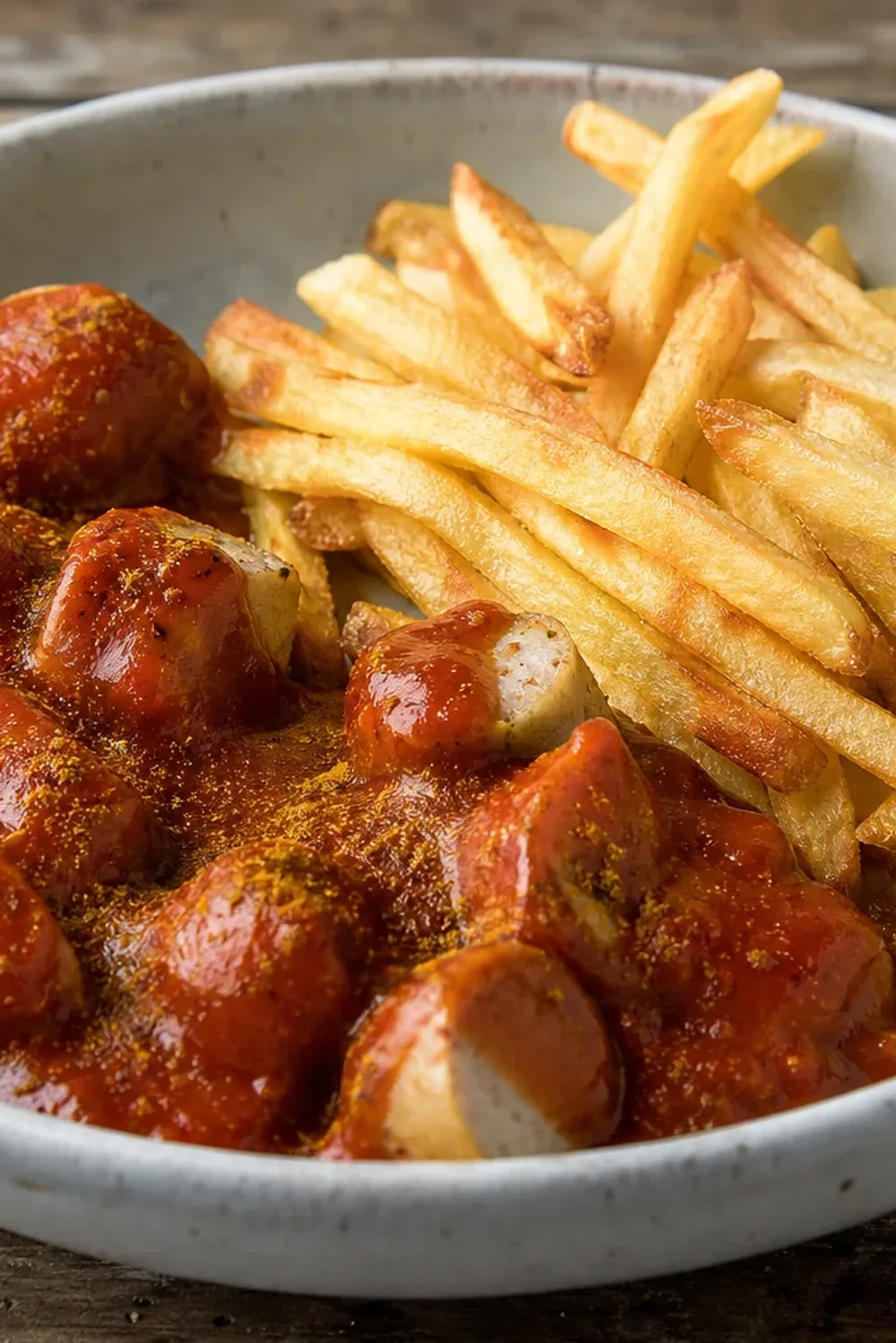 Plated German currywurst topped with curry ketchup, served with crispy fries.