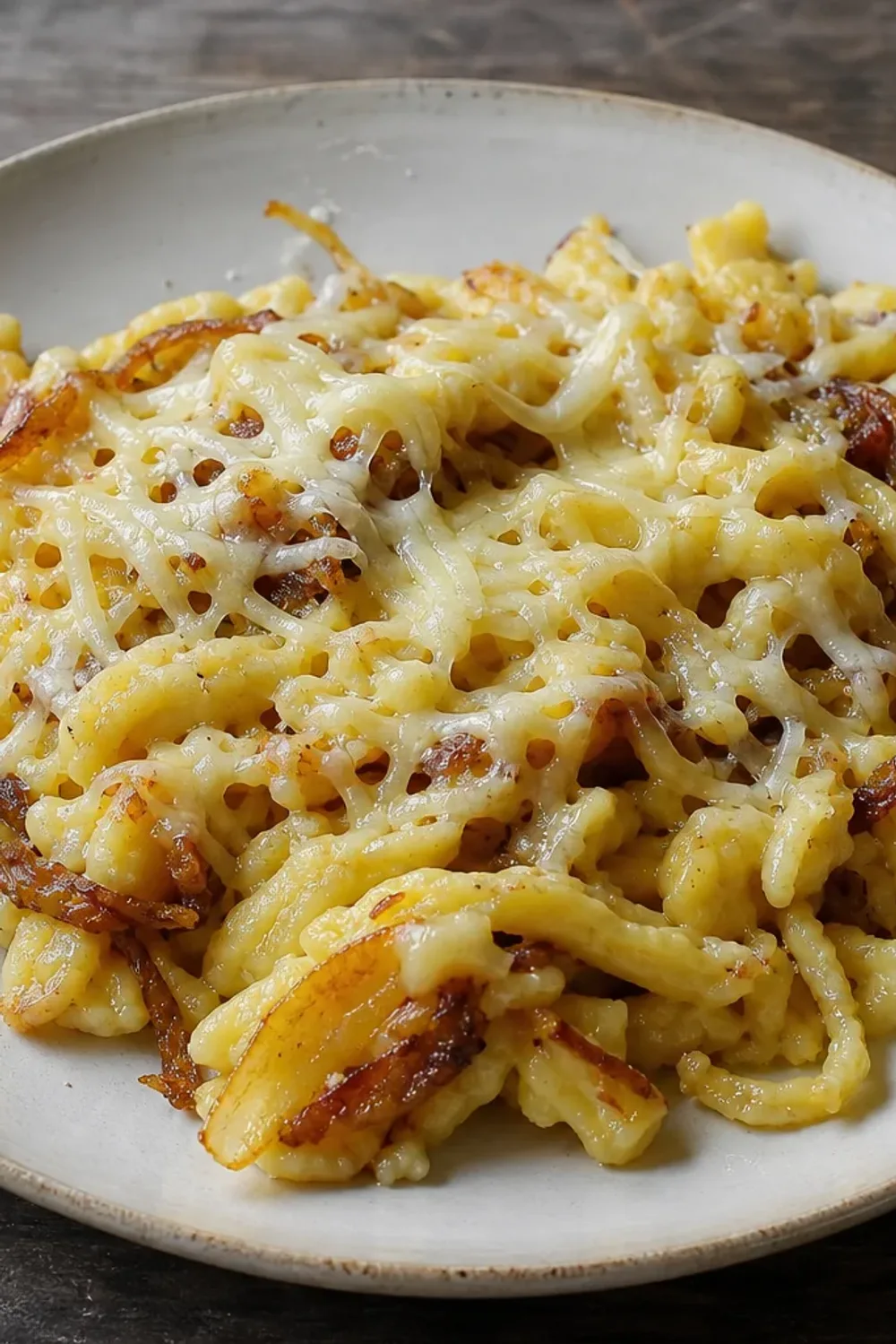 Creamy Käsespätzle layered with melted cheese and topped with golden caramelized onions