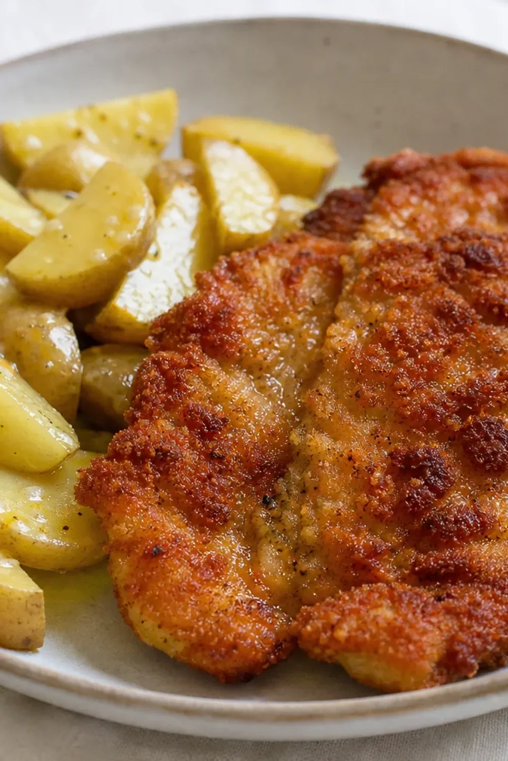 A plate of crispy schnitzel with a side of warm potato salad garnished with lemon slices and fresh herbs.