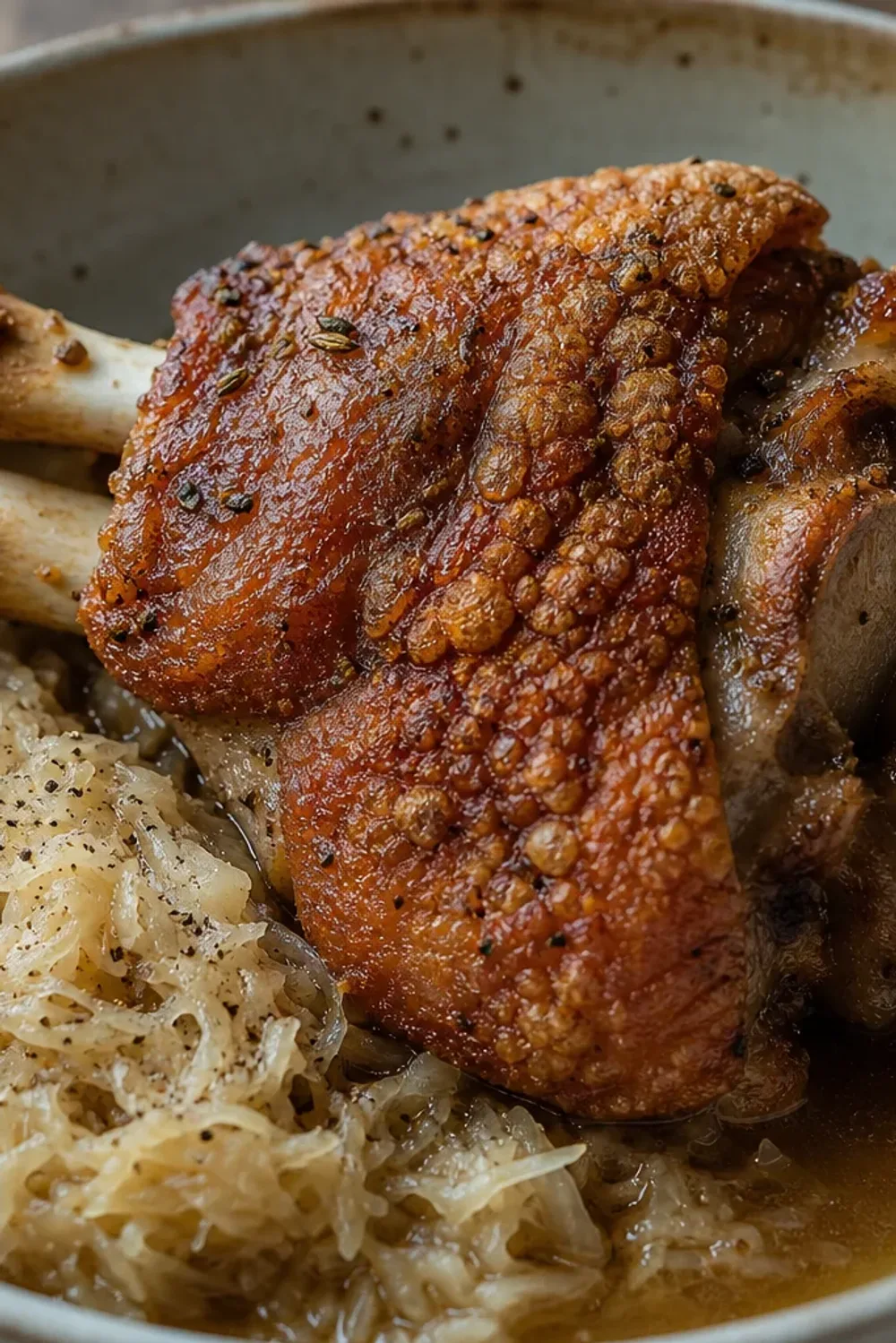 Golden-brown crispy Schweinshaxe served with sauerkraut and garnish.