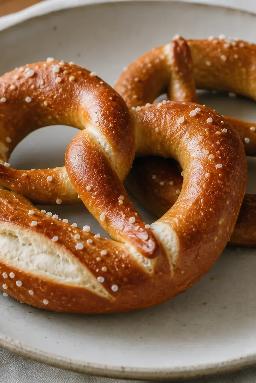 Golden-brown soft pretzels sprinkled with coarse salt on a wooden board.