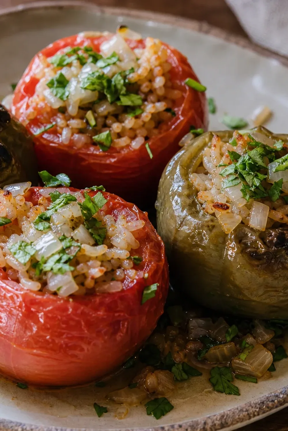 Plated Greek gemista showcasing stuffed tomatoes and peppers filled with rice and herbs, garnished with fresh parsley.