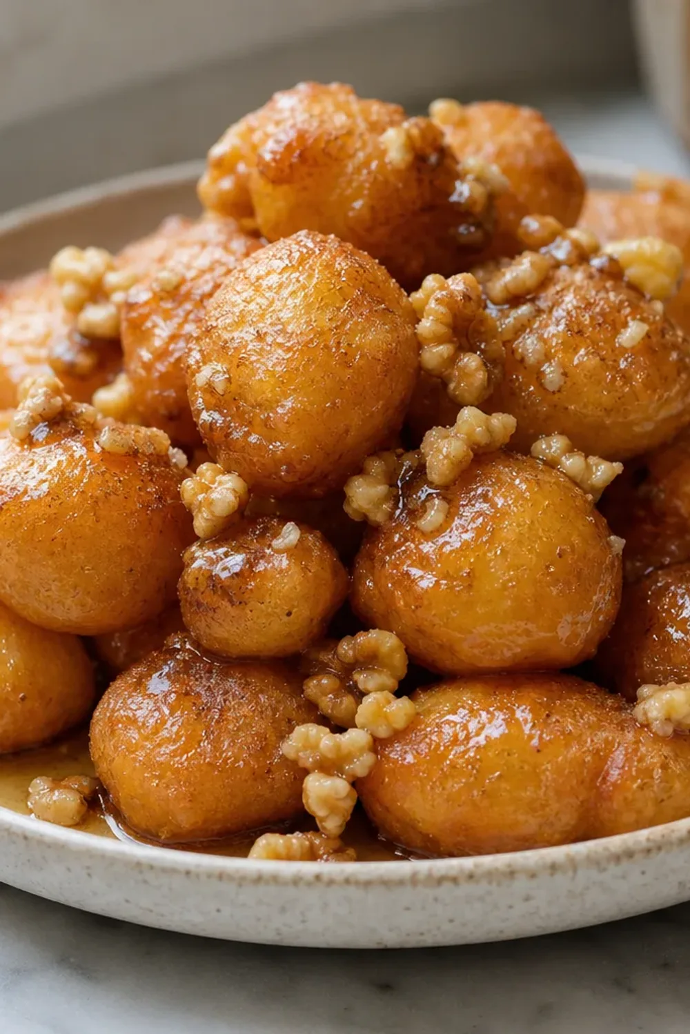 Golden brown loukoumades drizzled with honey, sprinkled with cinnamon and walnuts on a white plate.