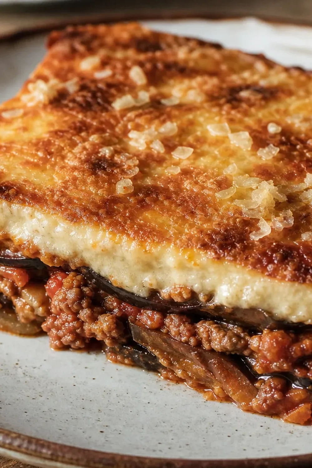 Layers of moussaka featuring golden-brown béchamel, tender eggplant, and seasoned beef, garnished with parsley.